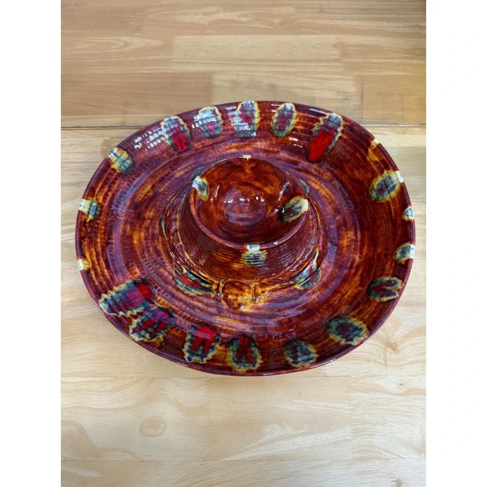 Vintage Ceramic Glazed Sombrero Hat Chip‎ & Dip Platter Bowl